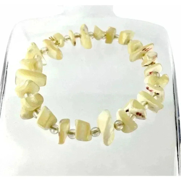 VTG Cream Mother of Pearl Nugget Bead Stretch Bangle Bracelet - Picture 2 of 6